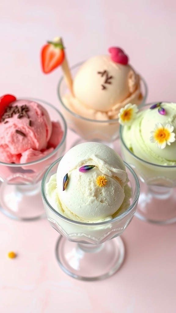 Aesthetic ice cream display with colorful scoops and toppings in elegant bowls.